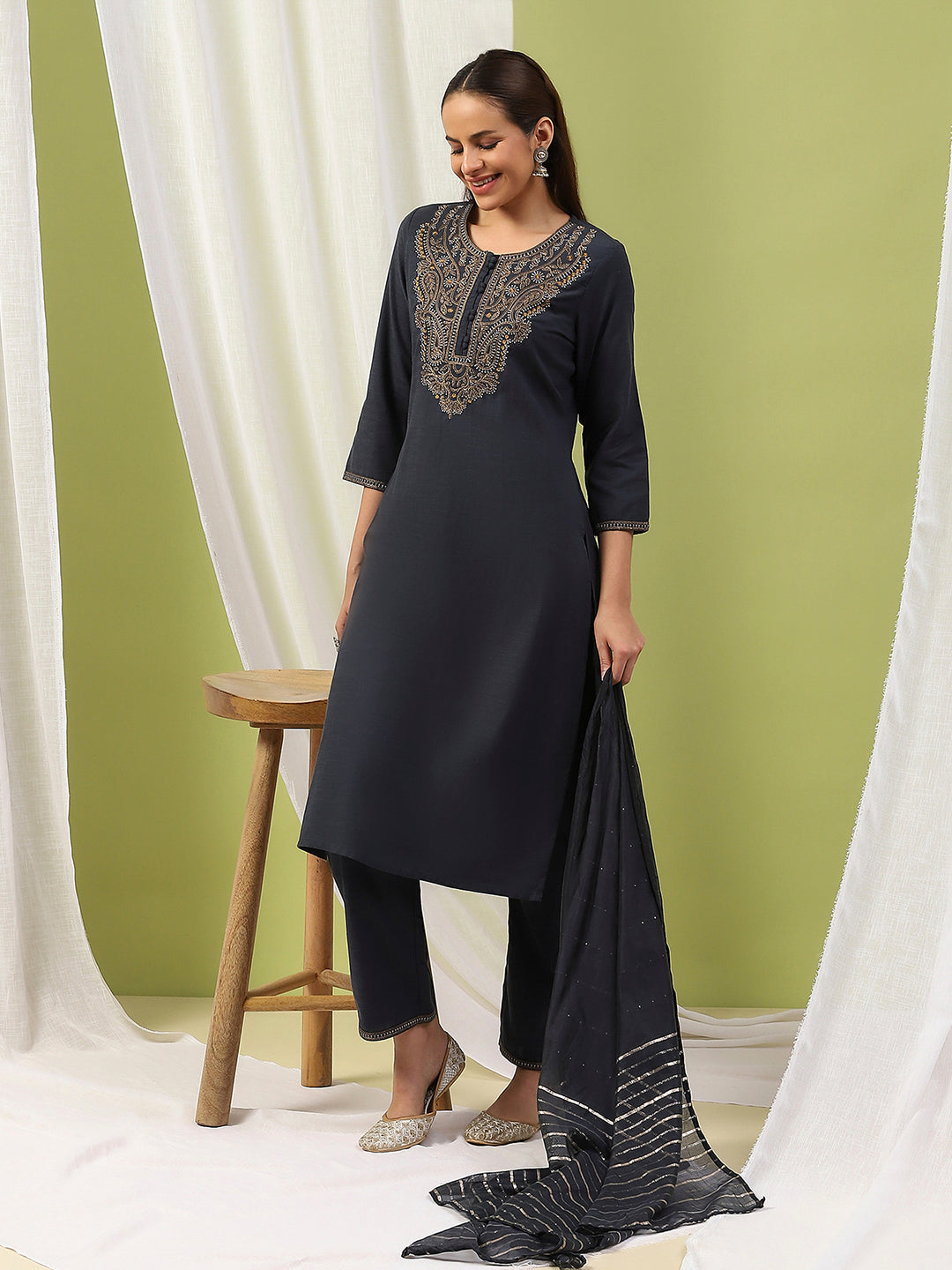 Solid Embroidered Cotton Straight Kurta Set with Dupatta for Women