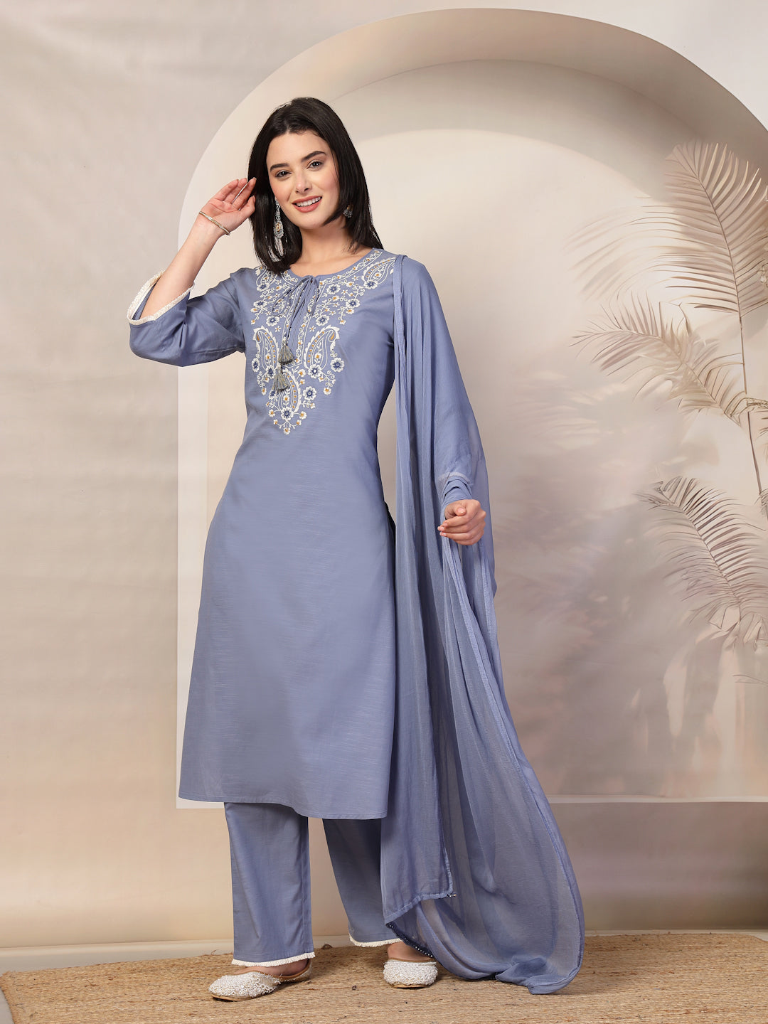Solid Straight Cotton Kurta Set with Ethnic Embroidery &amp; Laced Dupatta