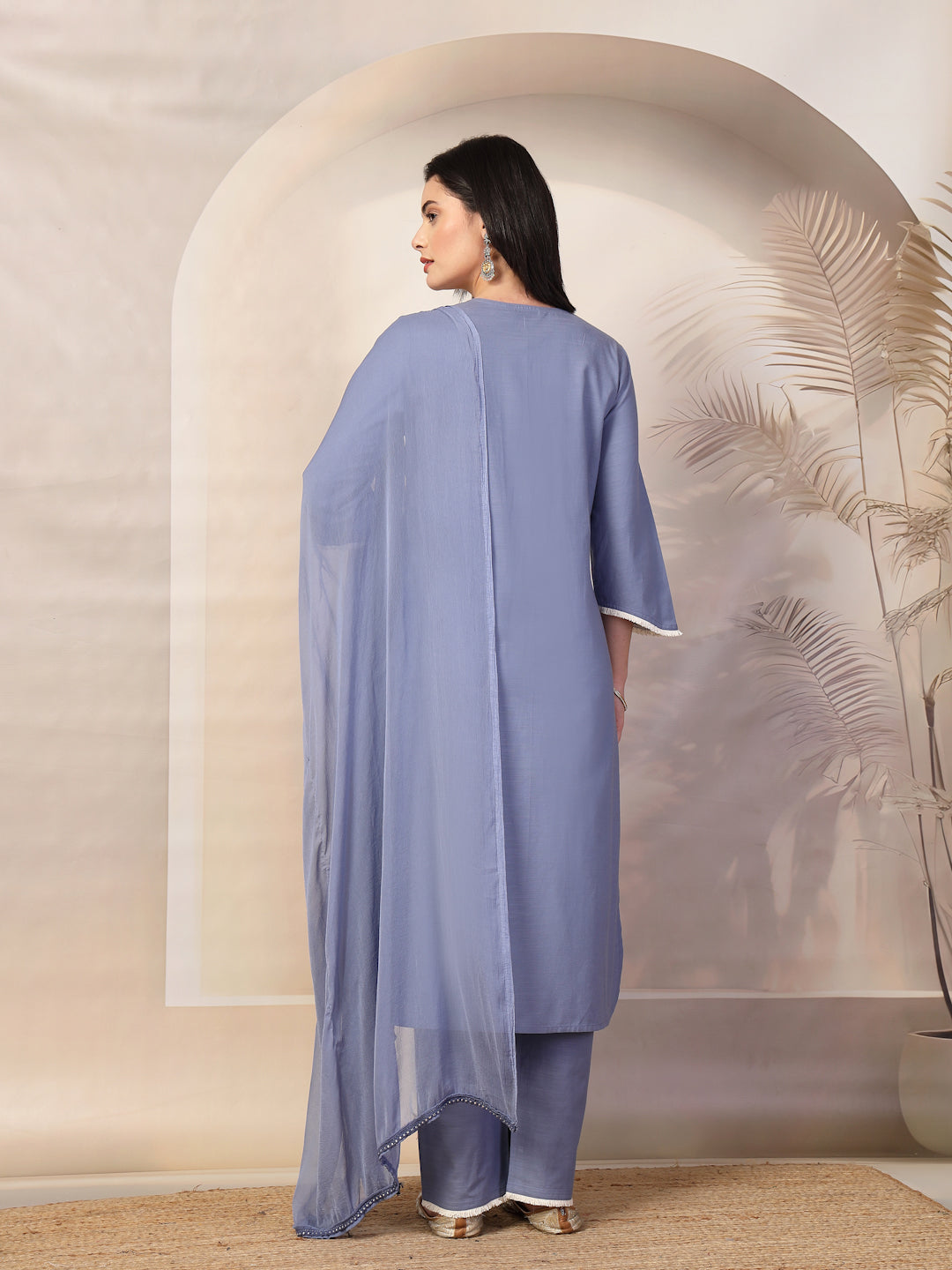 Solid Straight Cotton Kurta Set with Ethnic Embroidery &amp; Laced Dupatta