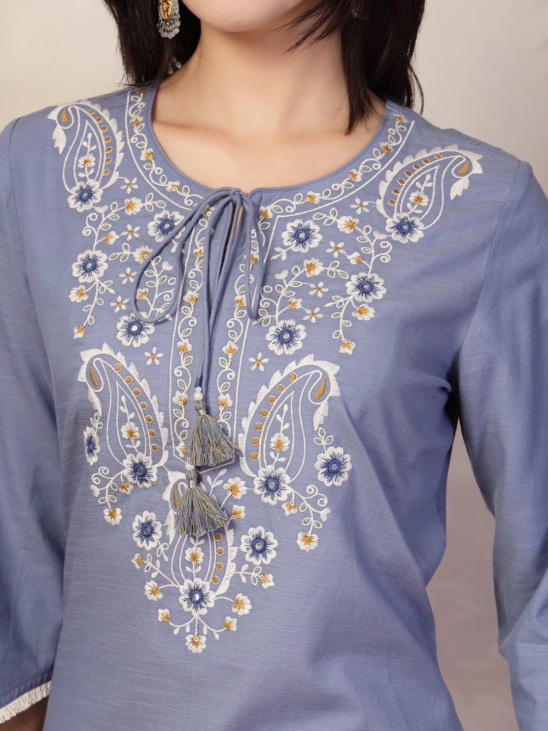 Solid Straight Cotton Kurta Set with Ethnic Embroidery &amp; Laced Dupatta
