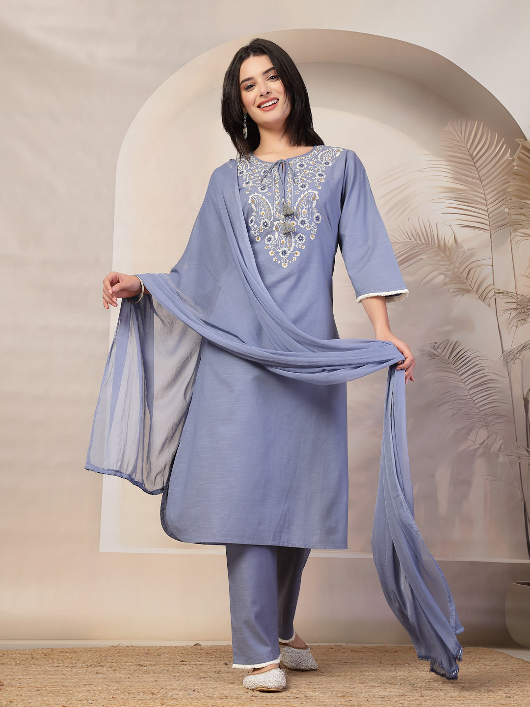 Solid Straight Cotton Kurta Set with Ethnic Embroidery &amp; Laced Dupatta