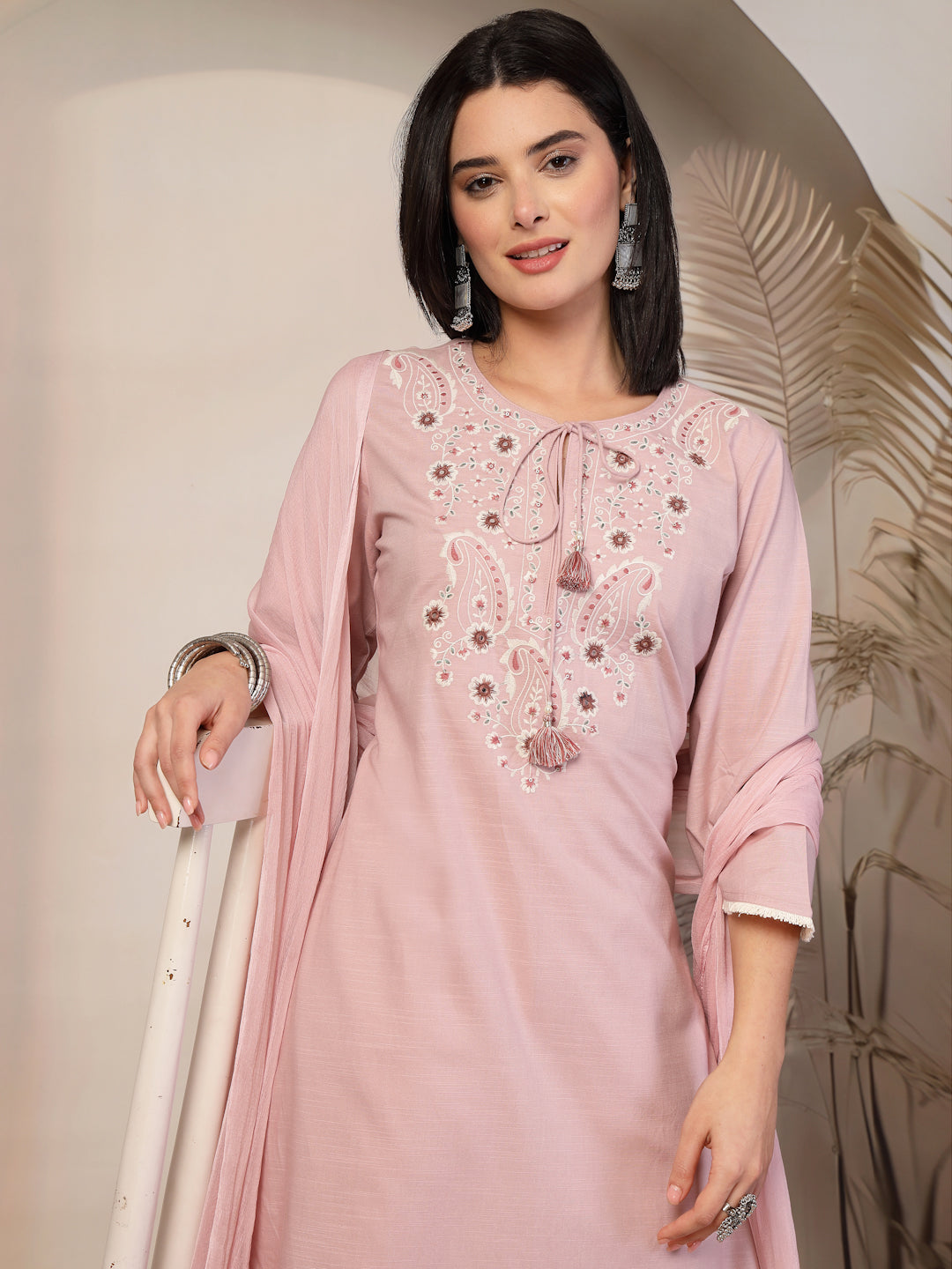 Fringe-Detailed Cotton Kurta Set with Embroidered Yoke &amp; Dupatta
