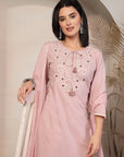 Fringe-Detailed Cotton Kurta Set with Embroidered Yoke & Dupatta