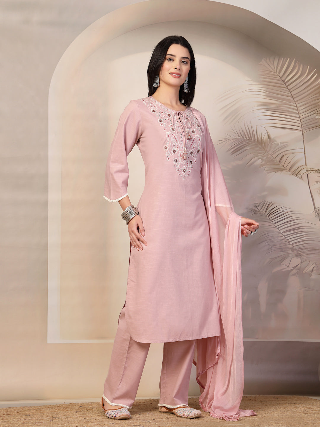 Fringe-Detailed Cotton Kurta Set with Embroidered Yoke &amp; Dupatta