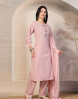 Fringe-Detailed Cotton Kurta Set with Embroidered Yoke & Dupatta