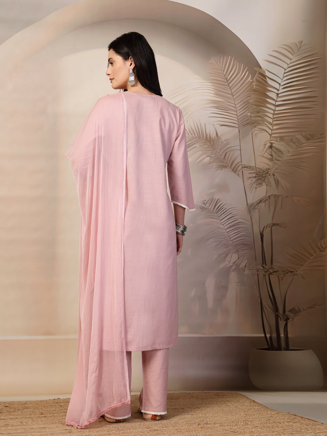 Fringe-Detailed Cotton Kurta Set with Embroidered Yoke &amp; Dupatta