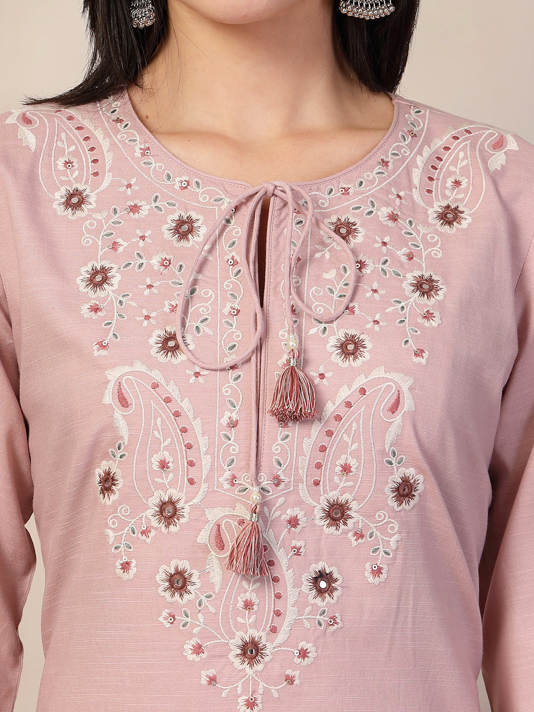 Fringe-Detailed Cotton Kurta Set with Embroidered Yoke &amp; Dupatta