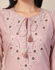 Fringe-Detailed Cotton Kurta Set with Embroidered Yoke & Dupatta