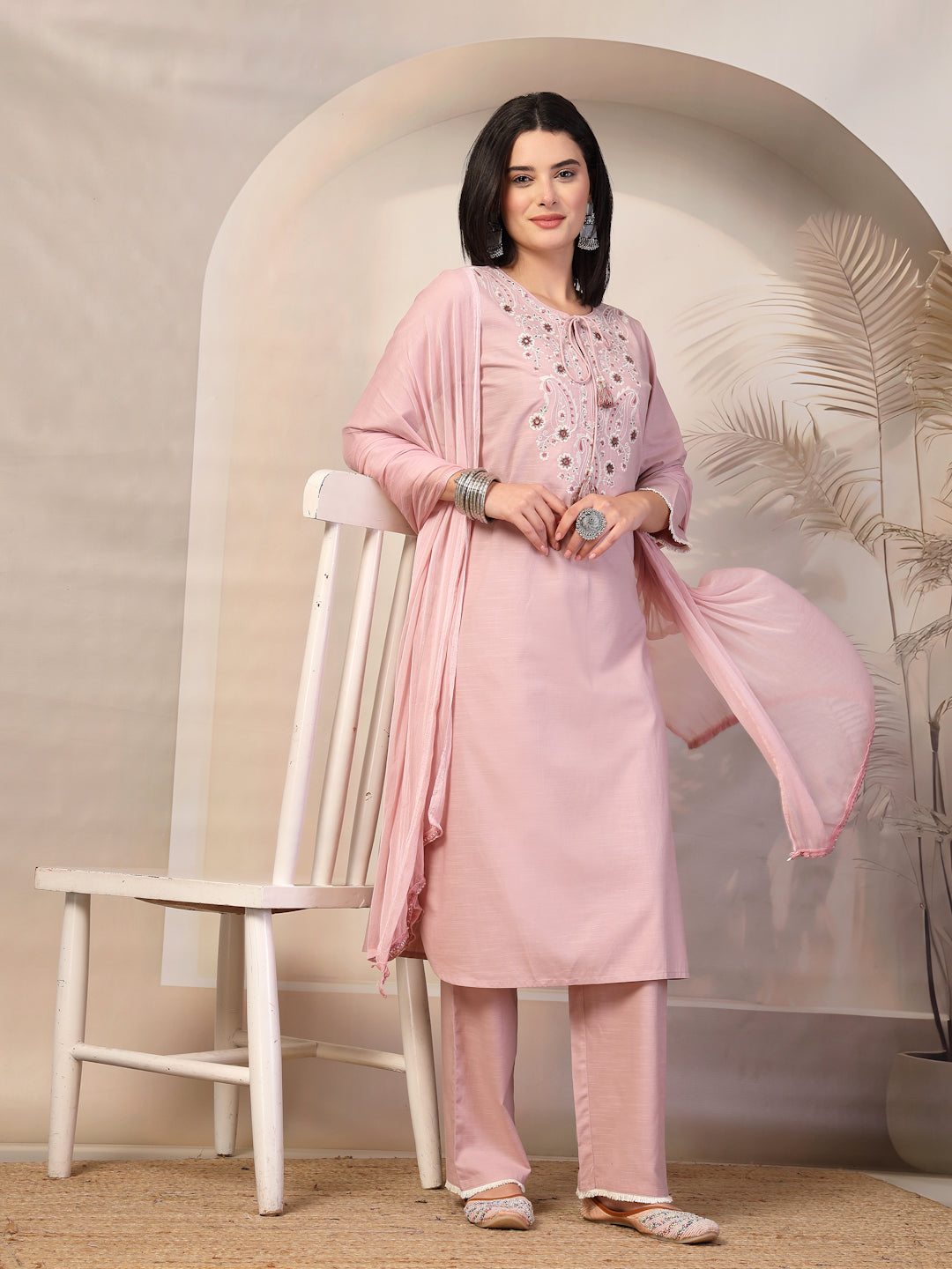 Fringe-Detailed Cotton Kurta Set with Embroidered Yoke &amp; Dupatta