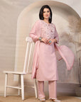 Fringe-Detailed Cotton Kurta Set with Embroidered Yoke & Dupatta