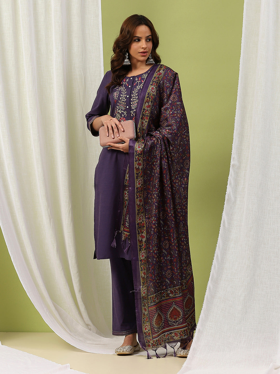 Pure Cotton Straight Kurta Set with Ari Embroidery &amp; Printed Dupatta