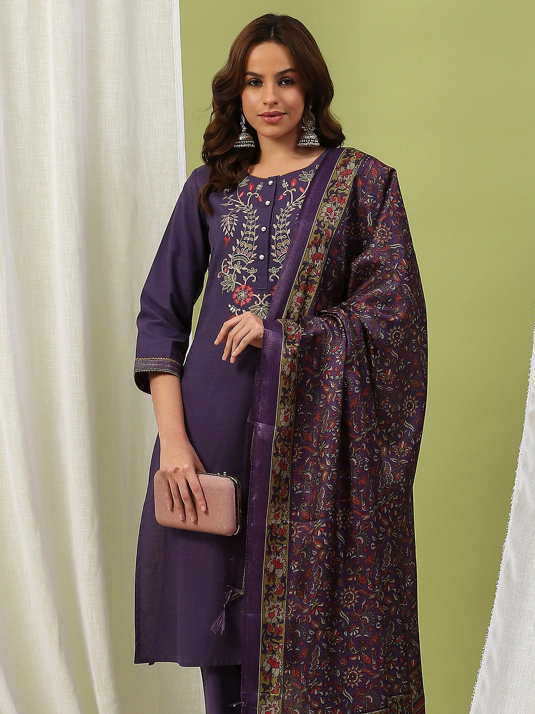 Pure Cotton Straight Kurta Set with Ari Embroidery &amp; Printed Dupatta