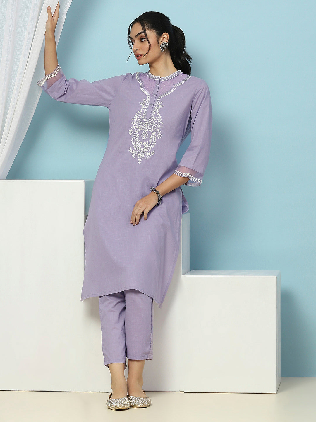 Mandarin Collar Cotton Kurta Set with Embroidered Net Sleeves &amp; Palazzo