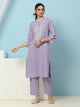 Mandarin Collar Cotton Kurta Set with Embroidered Net Sleeves & Palazzo
