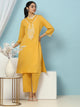 Solid Straight Cotton Kurta Set with Thread Embroidery & Embroidered Cuff