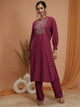 Solid Straight Rayon Slub Kurta Set with Thread Embroidery