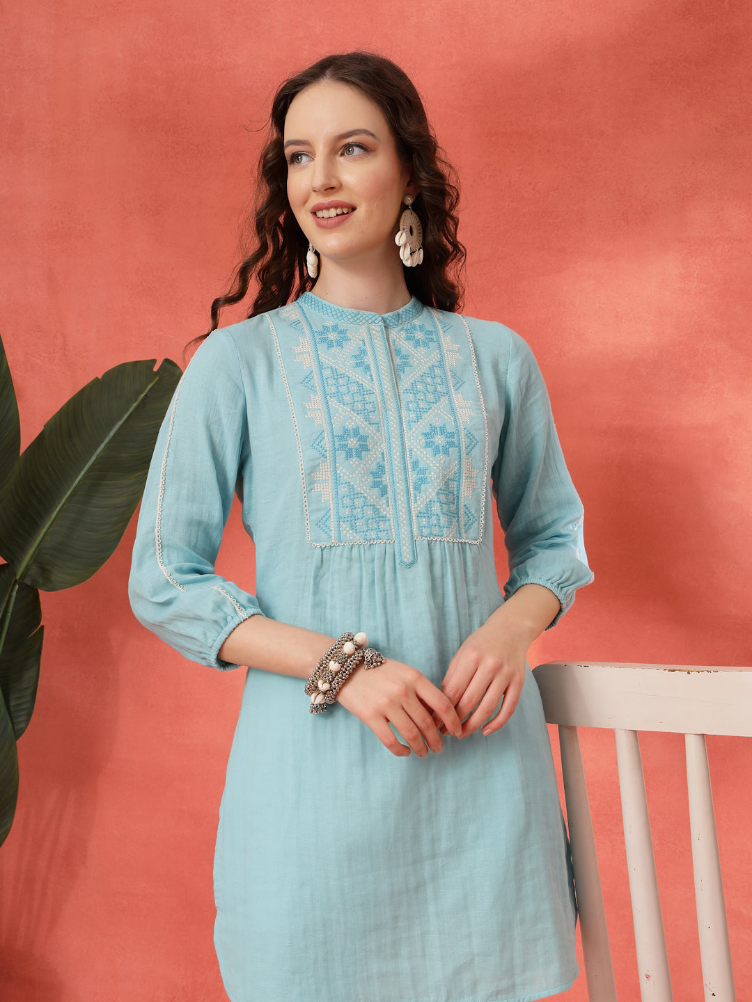 Solid A-Line Cotton Tunic with Ethnic Embroidery &amp; Lace Detail