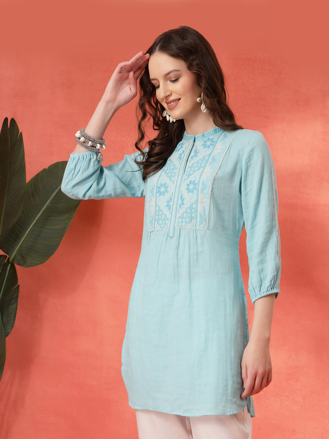 Solid A-Line Cotton Tunic with Ethnic Embroidery &amp; Lace Detail