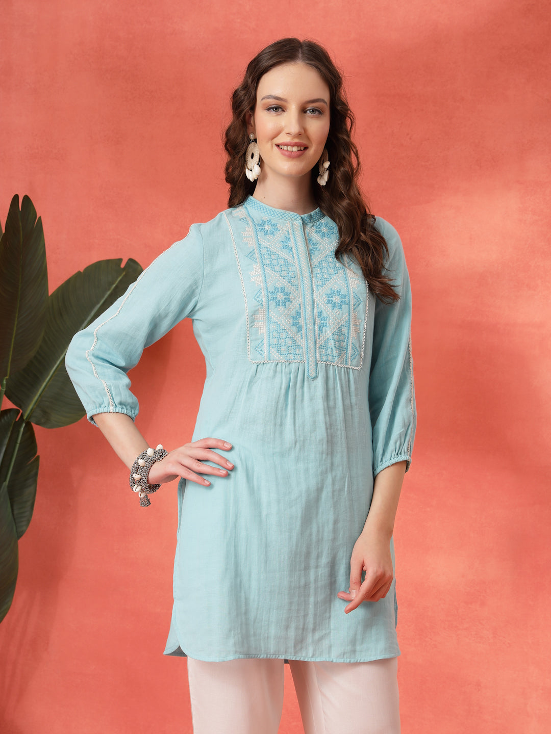 Solid A-Line Cotton Tunic with Ethnic Embroidery &amp; Lace Detail