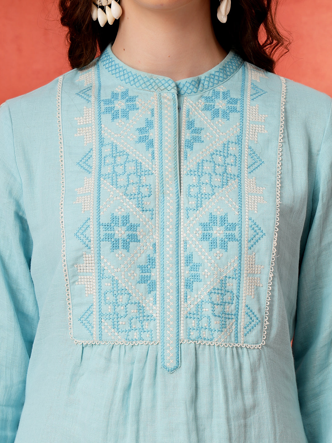 Solid A-Line Cotton Tunic with Ethnic Embroidery &amp; Lace Detail