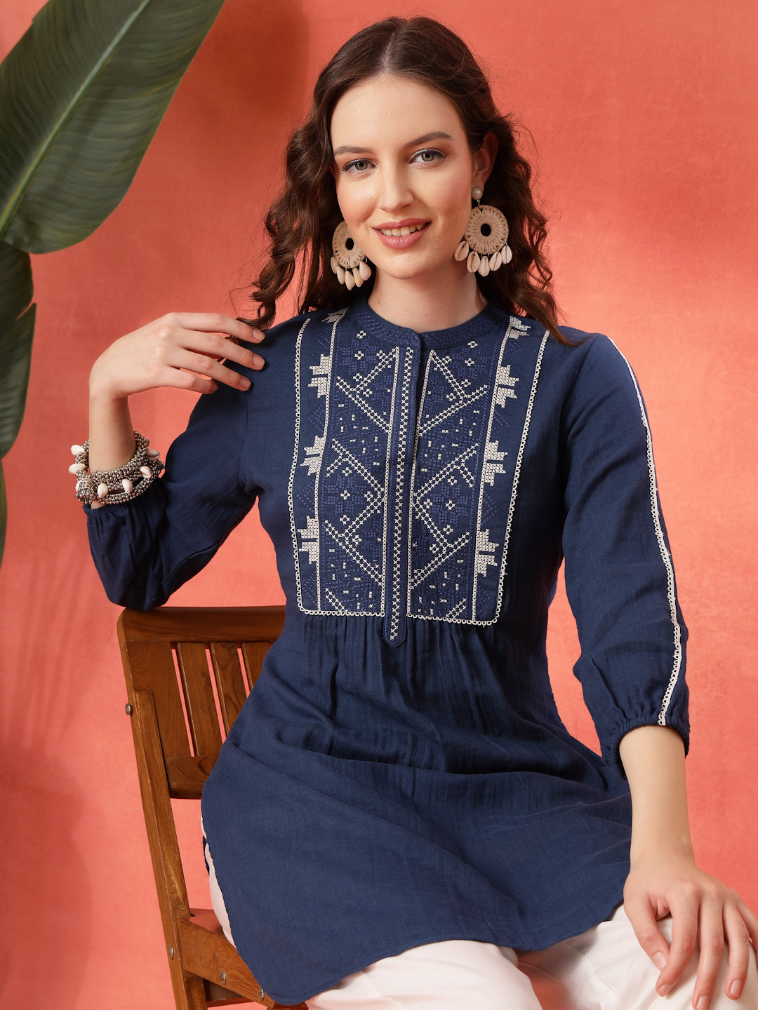 Solid A-Line Cotton Tunic with Ethnic Embroidery &amp; Lace Detail