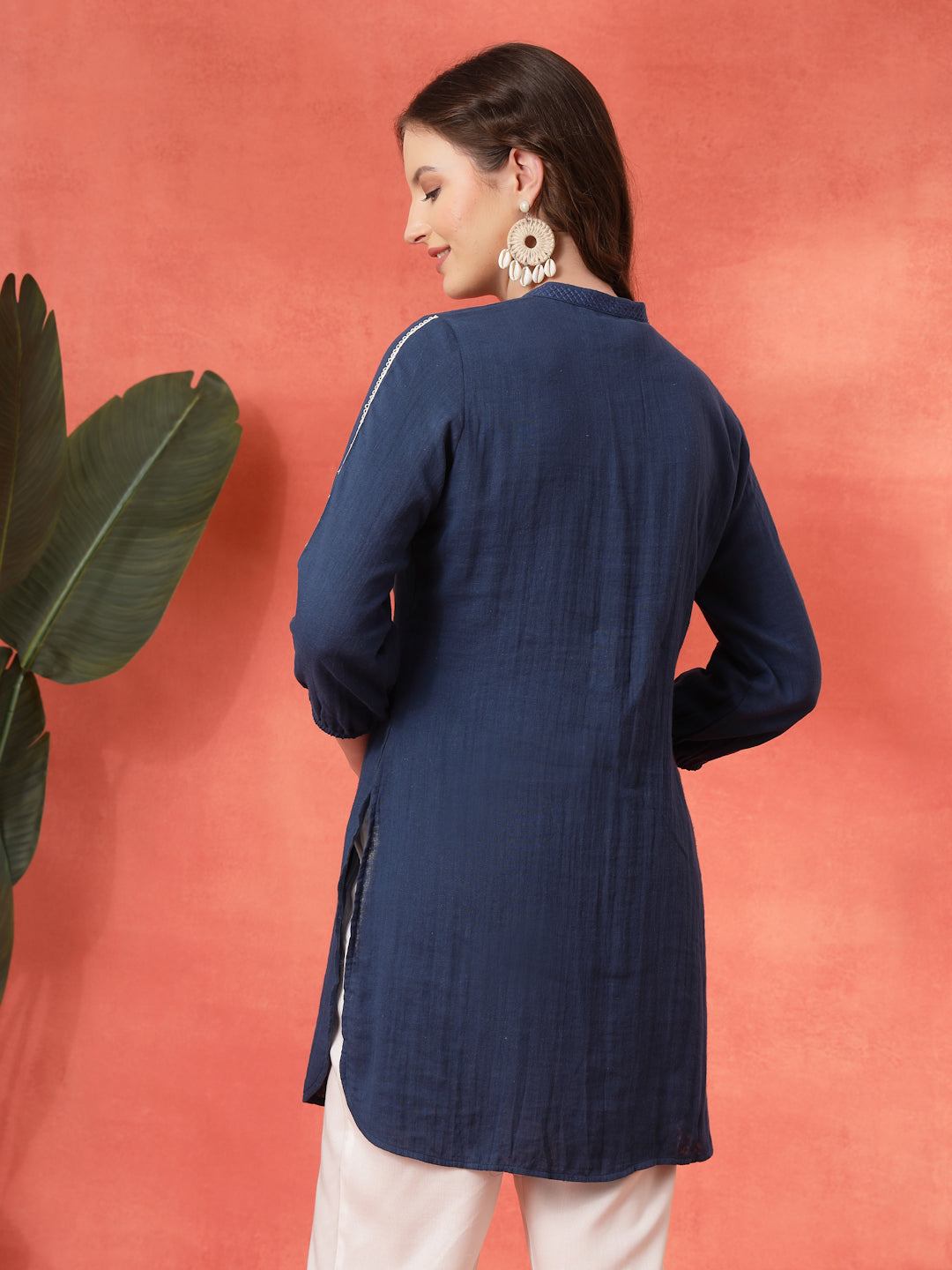 Solid A-Line Cotton Tunic with Ethnic Embroidery &amp; Lace Detail