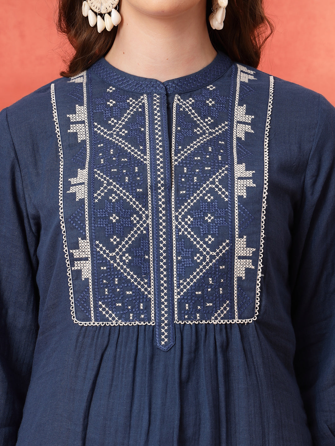 Solid A-Line Cotton Tunic with Ethnic Embroidery &amp; Lace Detail