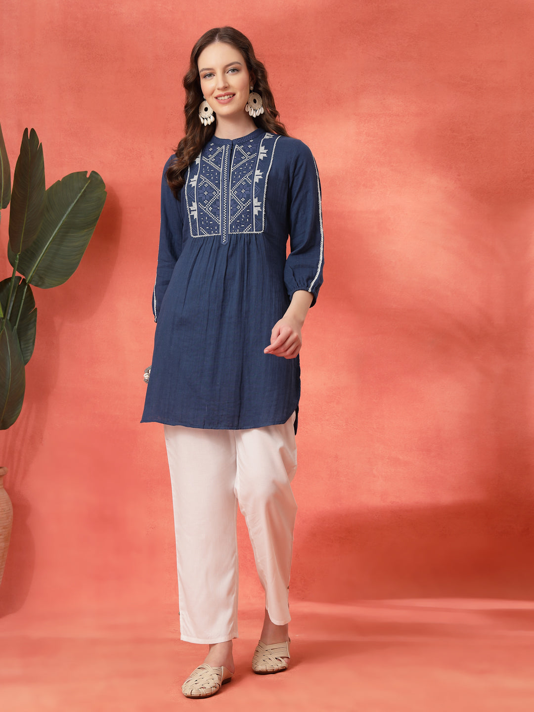 Solid A-Line Cotton Tunic with Ethnic Embroidery &amp; Lace Detail