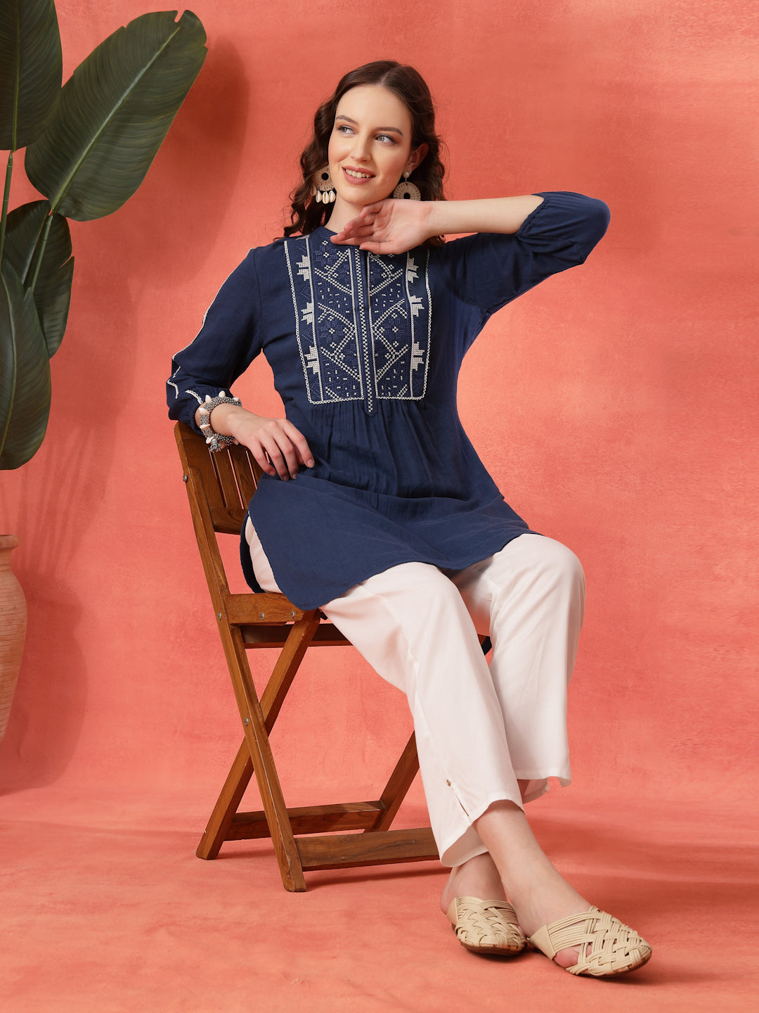 Solid A-Line Cotton Tunic with Ethnic Embroidery &amp; Lace Detail