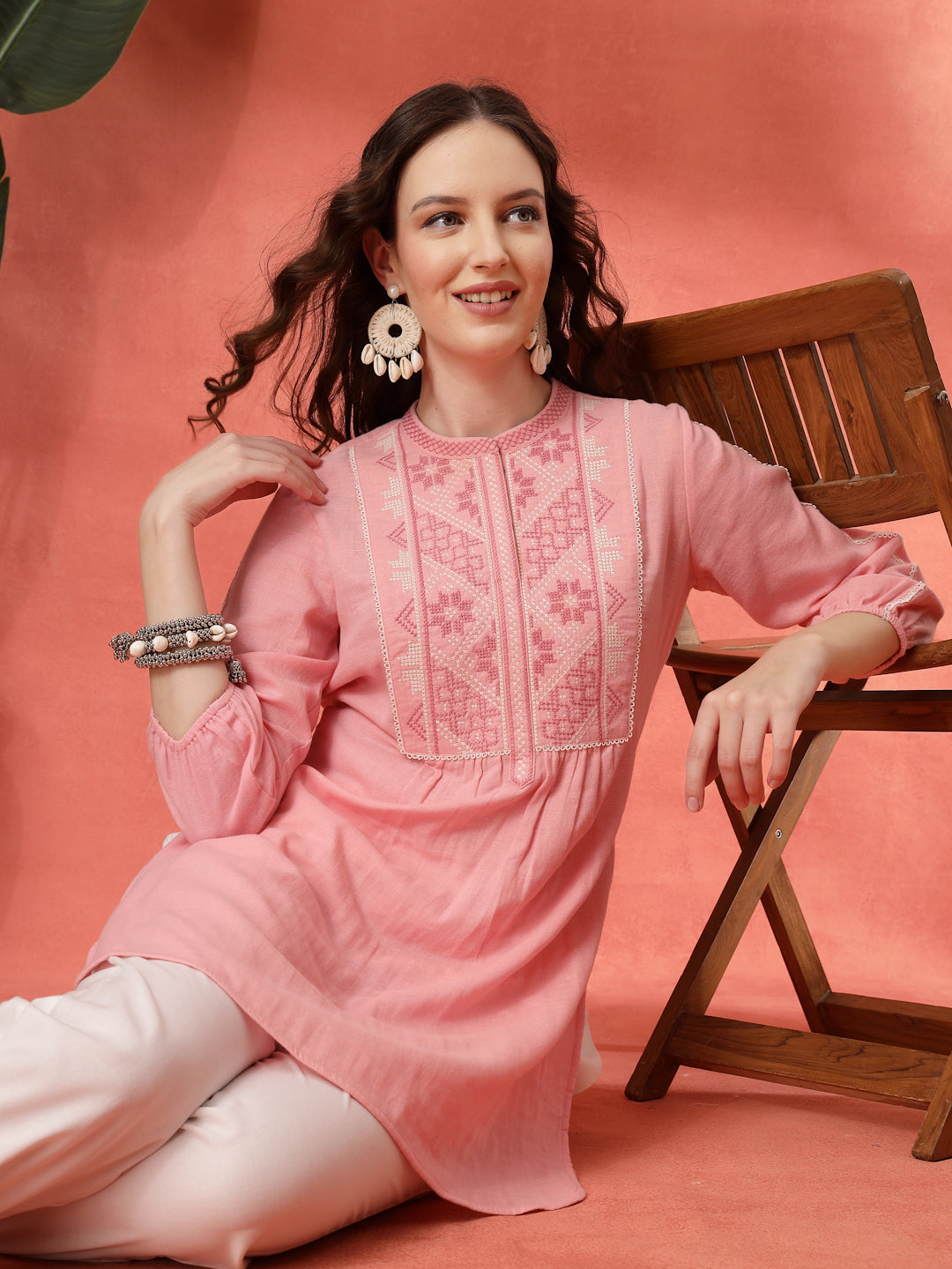 Solid A-Line Cotton Tunic with Ethnic Embroidery &amp; Lace Detail