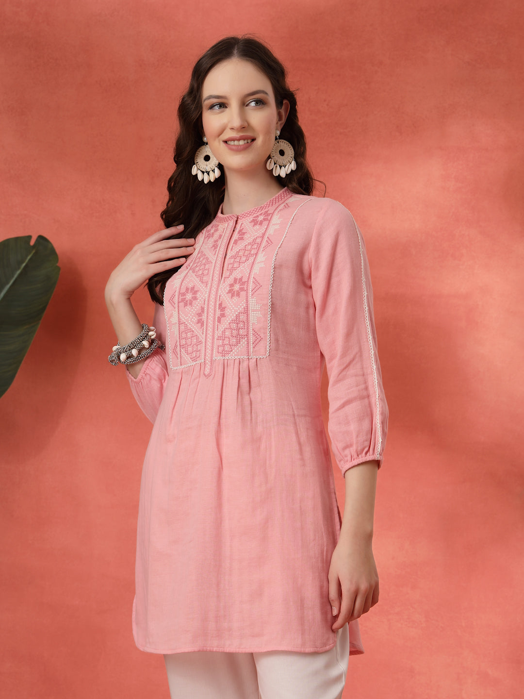Solid A-Line Cotton Tunic with Ethnic Embroidery &amp; Lace Detail