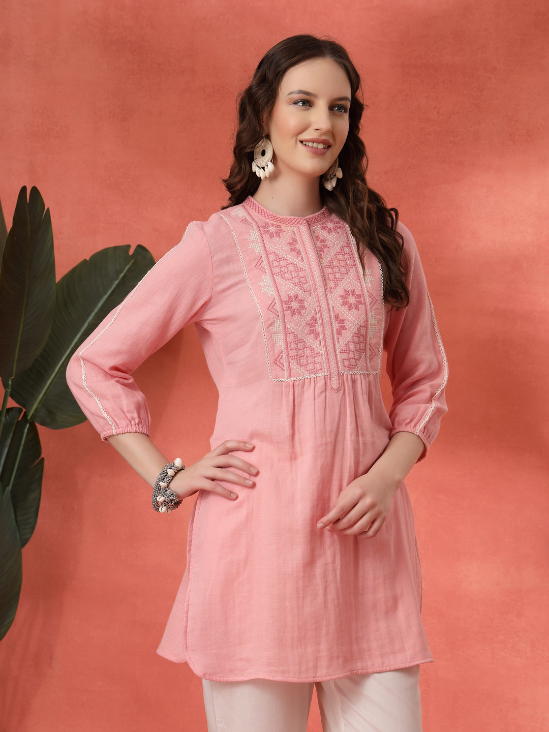 Solid A-Line Cotton Tunic with Ethnic Embroidery &amp; Lace Detail