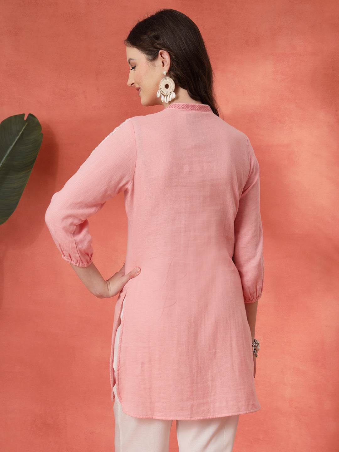 Solid A-Line Cotton Tunic with Ethnic Embroidery &amp; Lace Detail