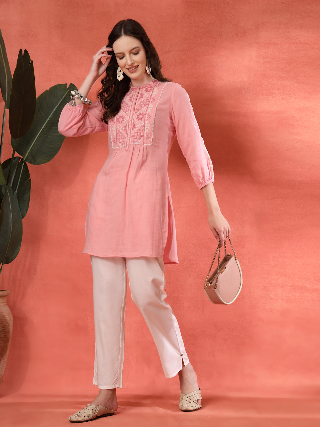 Solid A-Line Cotton Tunic with Ethnic Embroidery &amp; Lace Detail