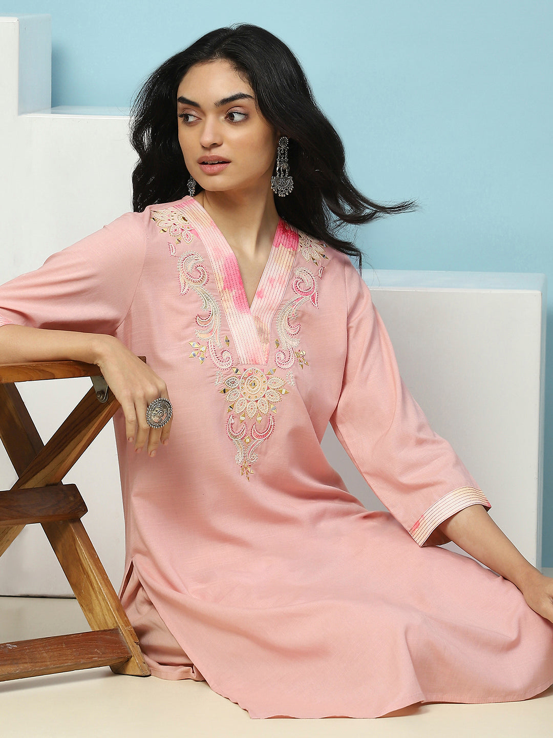 Solid Straight Cotton Kurta with Print Patch Embroidery &amp; Palazzo