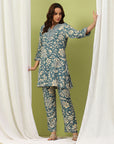 Floral Printed Viscose Rayon Kurta Set with Embroidery & Bell Sleeves