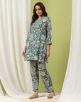 Floral Printed Viscose Rayon Kurta Set with Embroidery & Bell Sleeves