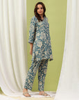 Floral Printed Viscose Rayon Kurta Set with Embroidery & Bell Sleeves