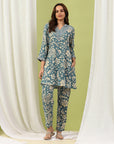 Floral Printed Viscose Rayon Kurta Set with Embroidery & Bell Sleeves
