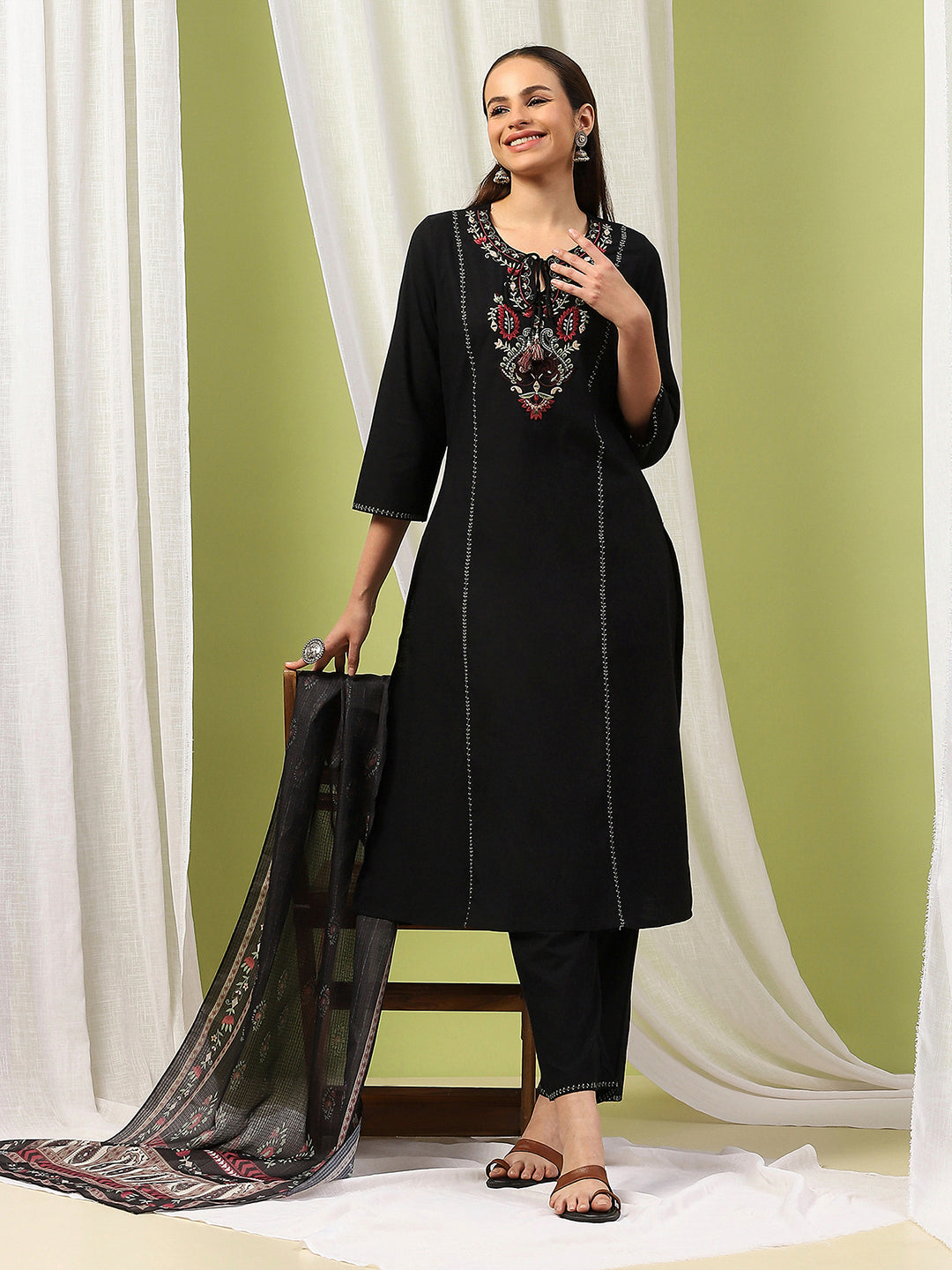 Embroidered Cotton Blend Kurta Set with Tassels &amp; Printed Dupatta