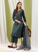 Embroidered Cotton Blend Kurta Set with Tassels & Printed Dupatta