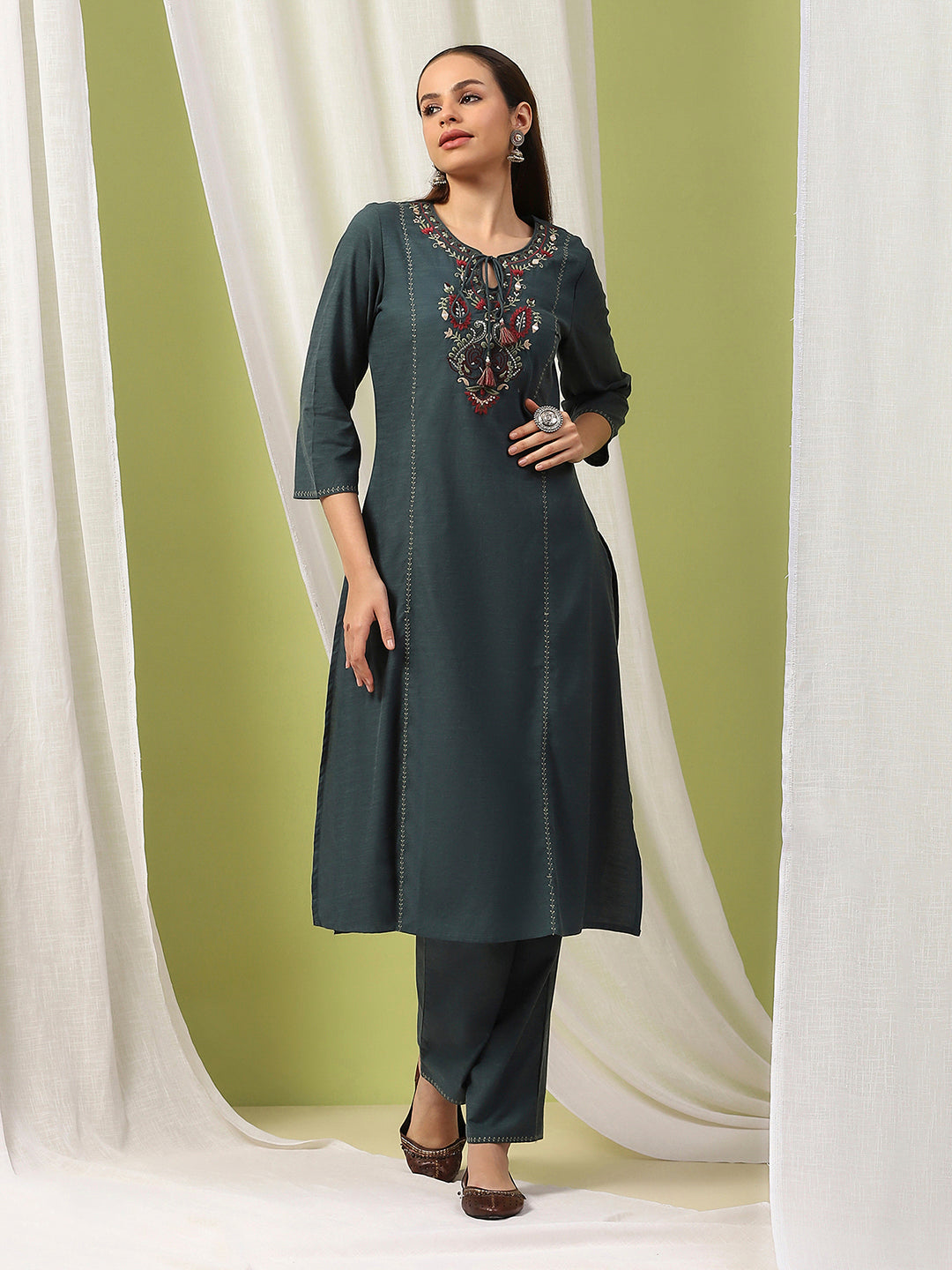 Embroidered Cotton Blend Kurta Set with Tassels &amp; Printed Dupatta