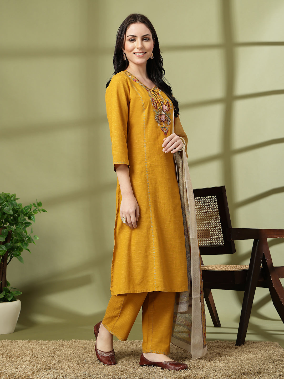 Cotton Straight Kurta Set with Ethnic Embroidery &amp; Printed Dupatta