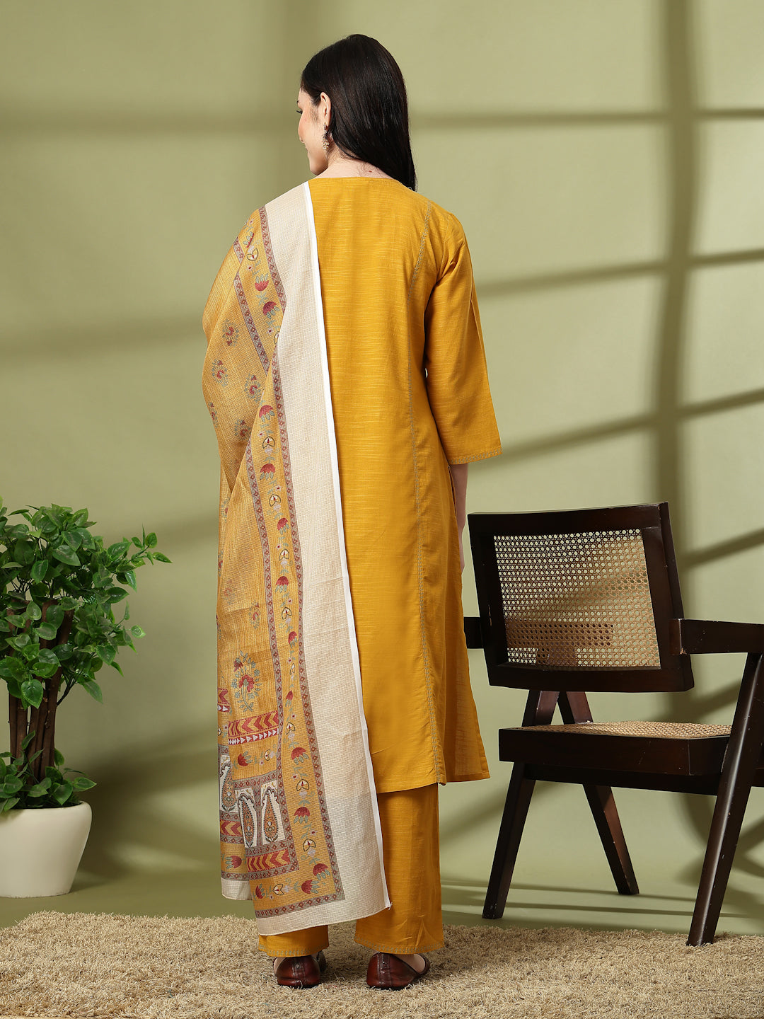Cotton Straight Kurta Set with Ethnic Embroidery &amp; Printed Dupatta