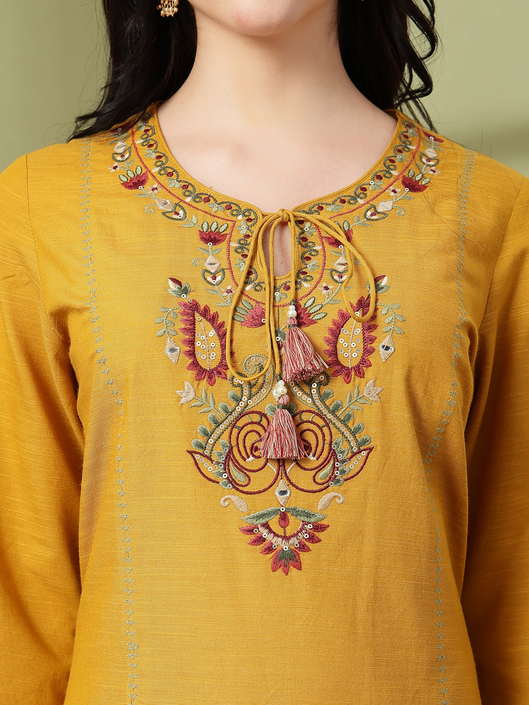 Cotton Straight Kurta Set with Ethnic Embroidery &amp; Printed Dupatta