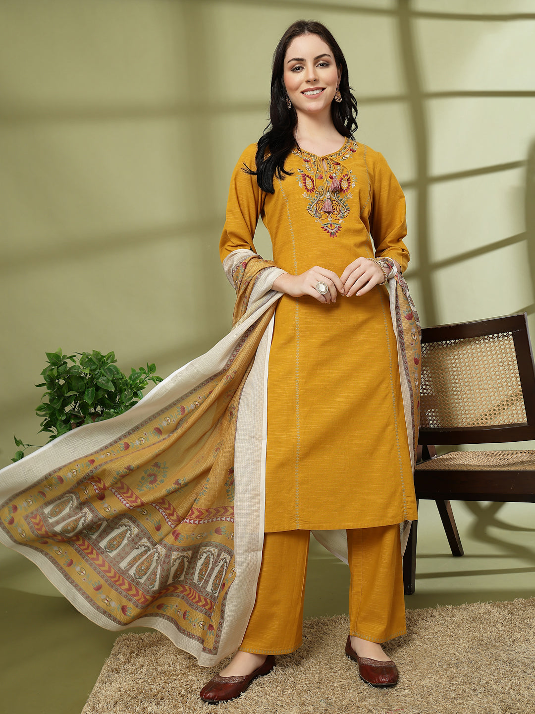 Cotton Straight Kurta Set with Ethnic Embroidery &amp; Printed Dupatta