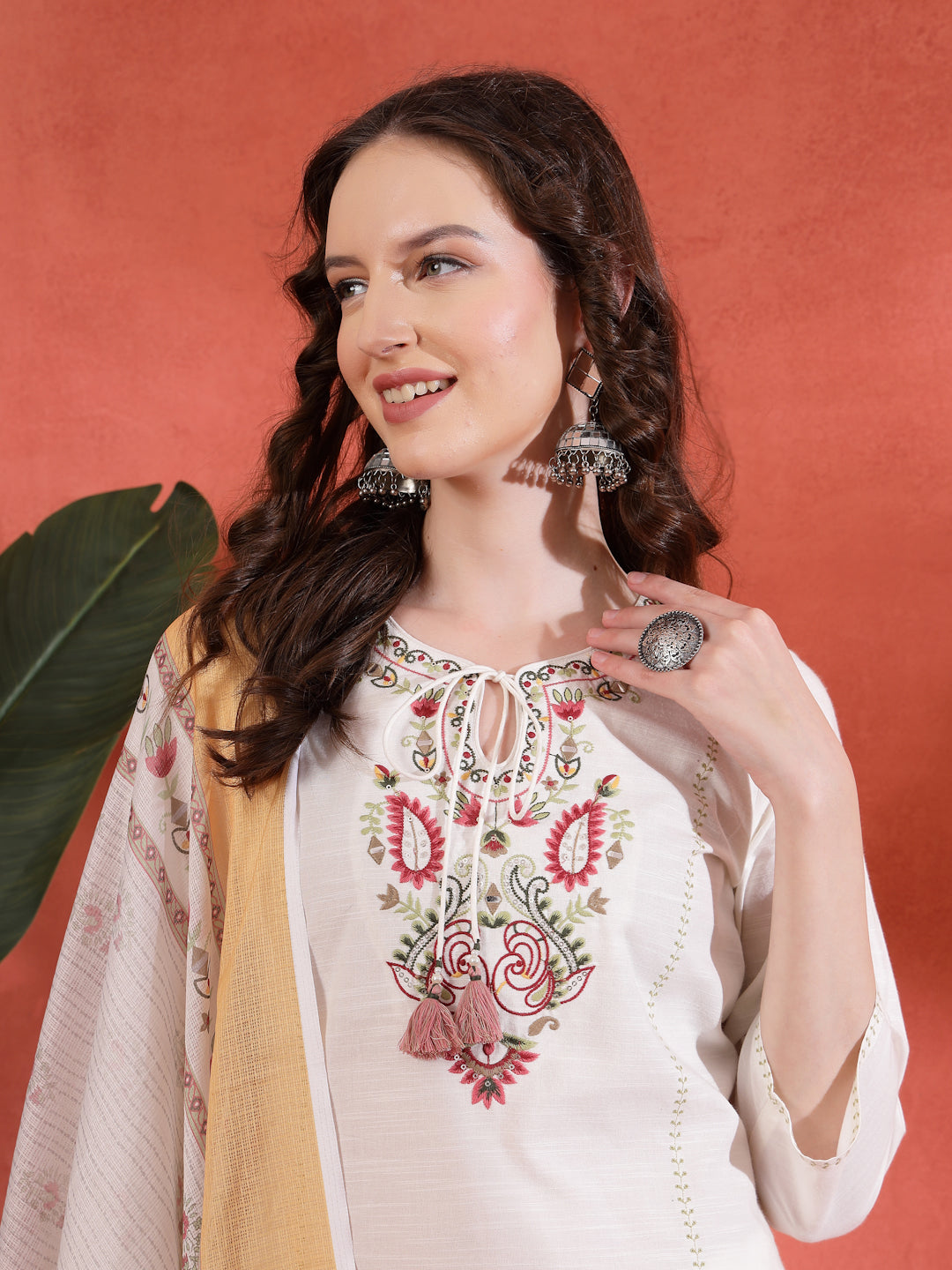 Embroidered Cotton Blend Kurta Set with Tassels &amp; Printed Dupatta