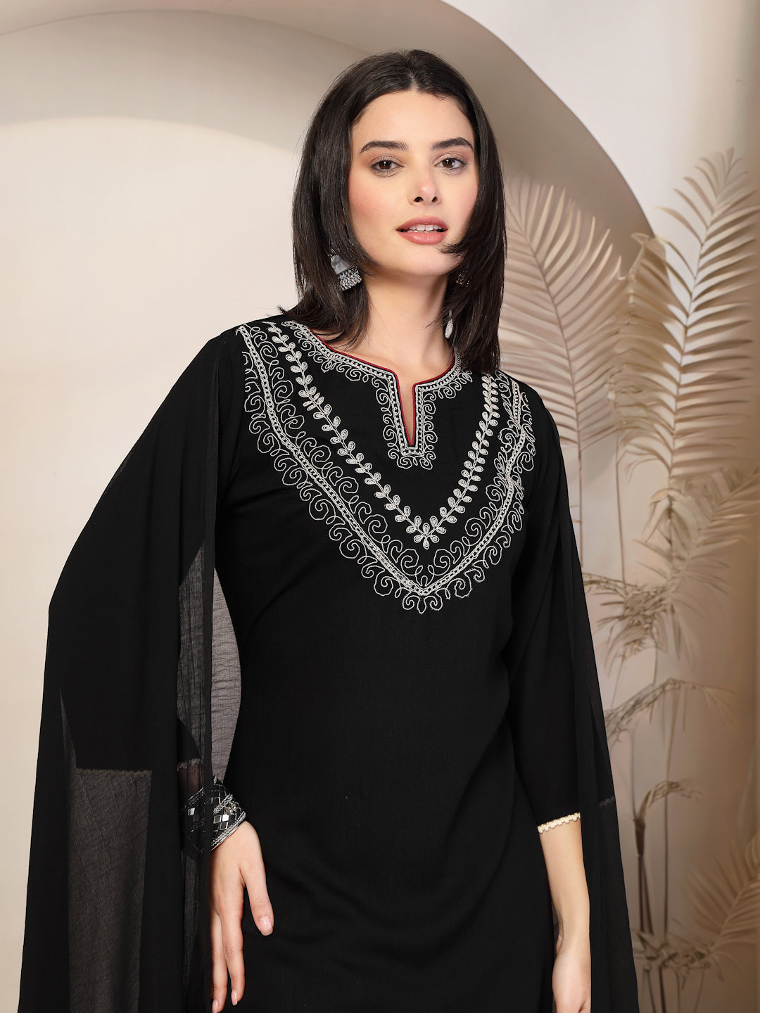 Thread Embroidered Rayon Kurta Set with Lace Sleeves &amp; Printed Dupatta