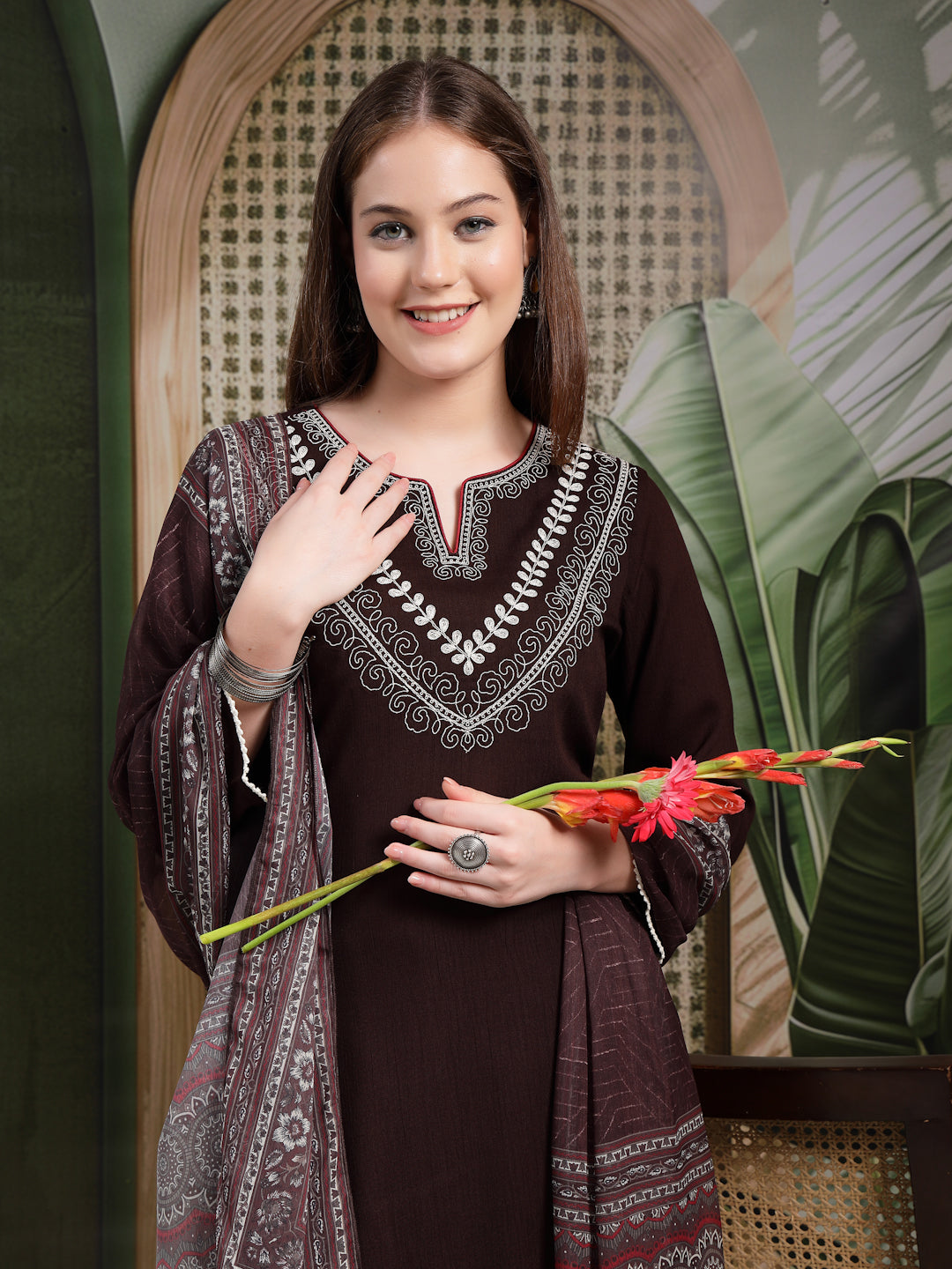 Thread Embroidered Rayon Kurta Set with Lace Sleeves &amp; Printed Dupatta