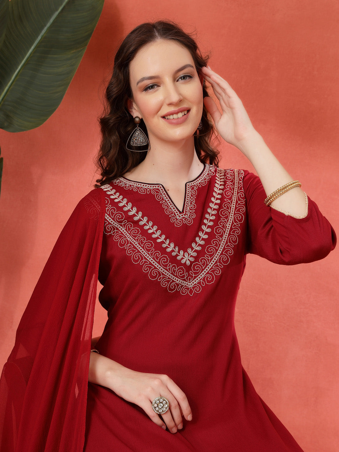 Thread Embroidered Rayon Kurta Set with Lace Sleeves &amp; Printed Dupatta